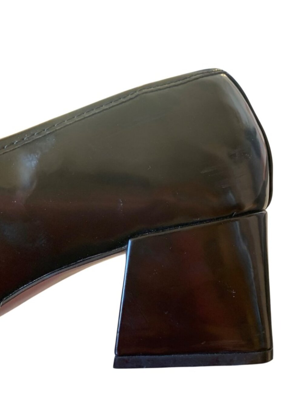 ASOS DESIGN Black Faux Patent Leather Spencer Mid-Heeled Chain Loafers Size 10 - Picture 8 of 9
